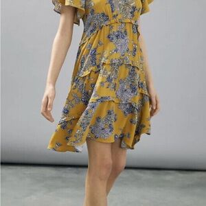 Anthropologie Mustard Yellow Floral Tiered Mini Dress Sz M
